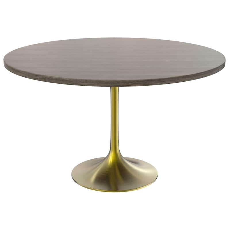 LeisureMod Verve 48" Round Dining Table with MDF Wood TableTop and Brushed Gold Base for Kitchen & Dining Room - Dark Maple
