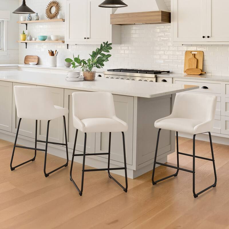 Counter Height Bar Stools with Metal Frame Upholstered Kitchen Island Stool in Faux Leather or Fabric - Ivory/Faux leather - Set of 3