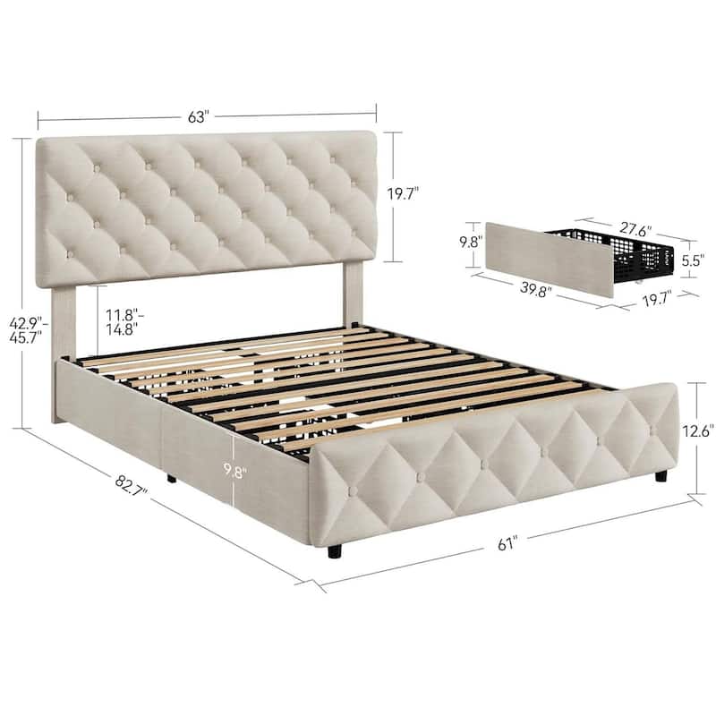 Bed Frame with 4 Storage Drawers and Adjustable Headboard