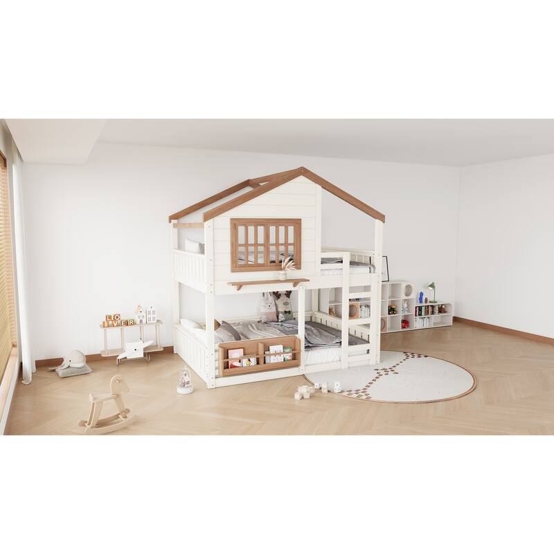 Full Size Bunk Bed/Loft Bed with Bookshelf, House Design, High-Quality Safety Fencing