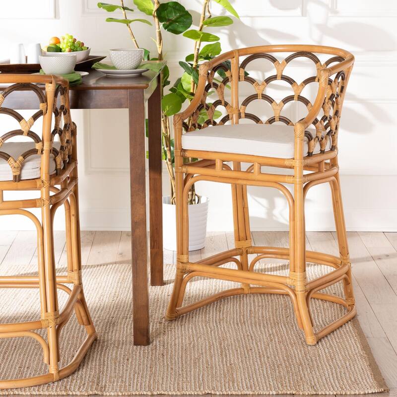 Veneto Modern Bohemian Light Honey and Dark Brown Rattan Bar Stool