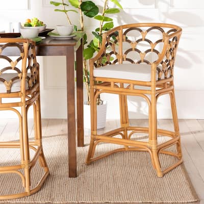 Veneto Modern Bohemian Light Honey and Dark Brown Rattan Bar Stool