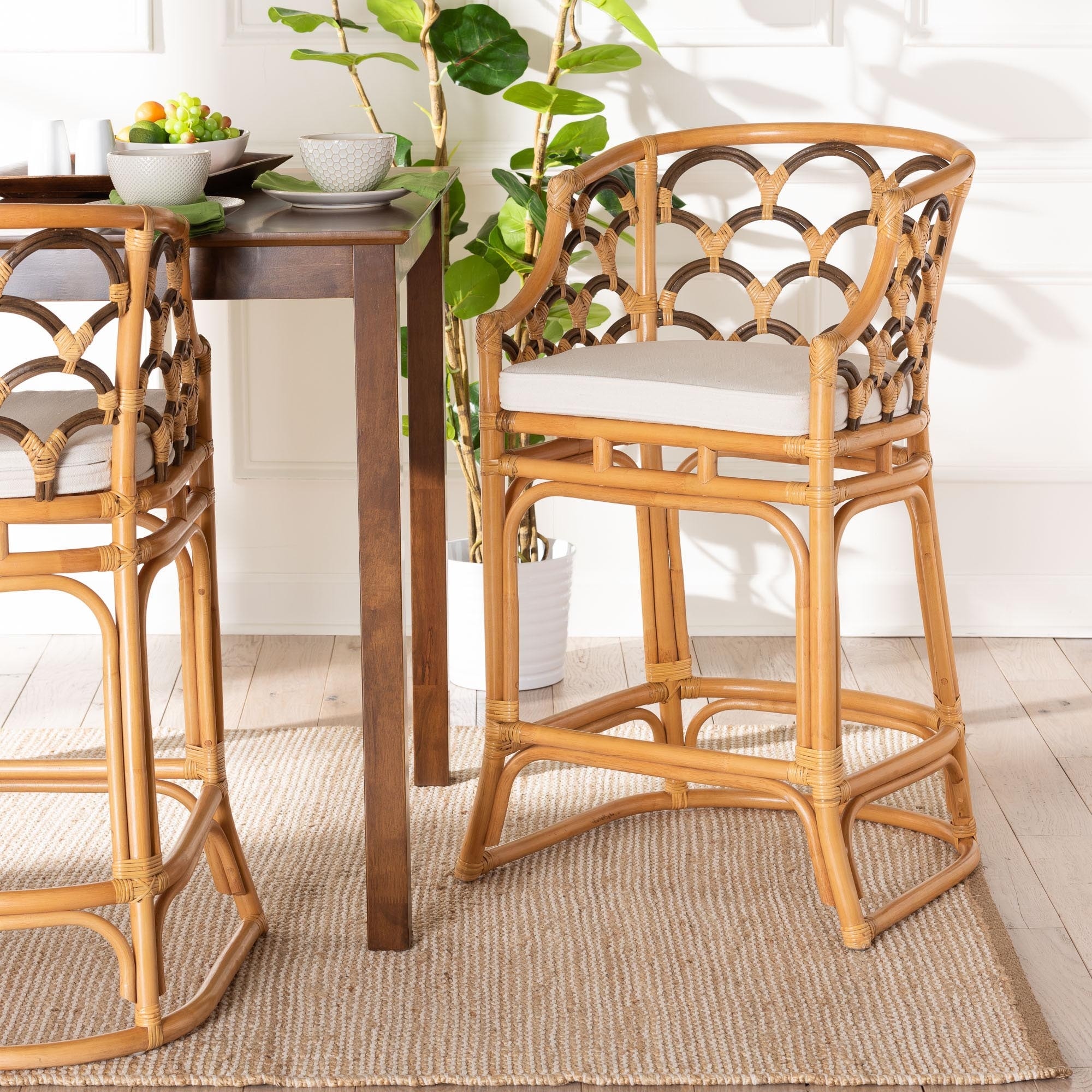 Veneto Modern Bohemian Light Honey and Dark Brown Rattan Bar Stool