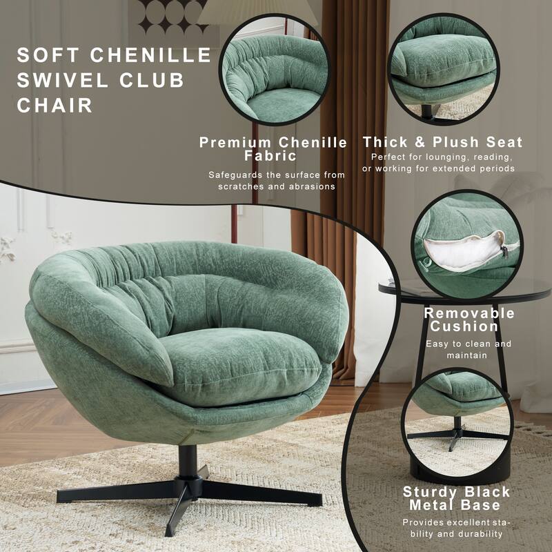 Chenille Upholstered 360° Swivel Club Chair/Accent Chair with Removable Cushion, Round Office Chair with Black Metal Base