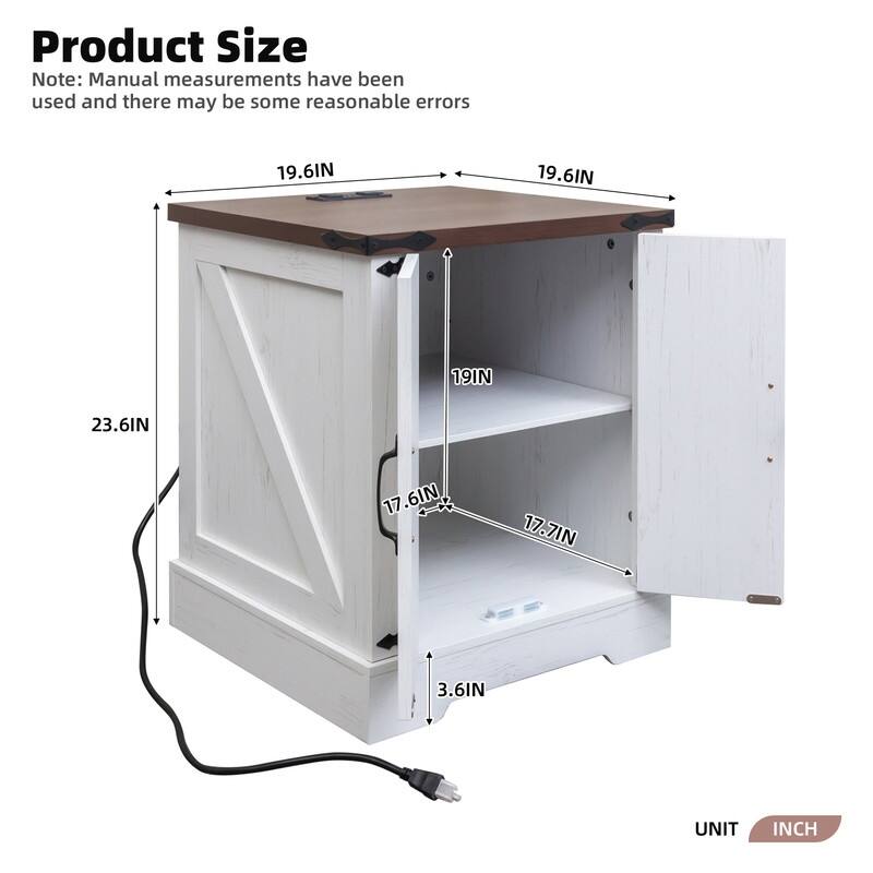 Farmhouse Nightstand with Charging Station, Rustic Bedside Table with Shelf