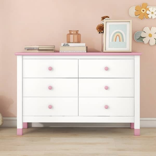 slide 2 of 9, Wooden Storage Dresser with 6 Drawers,Storage Cabinet for kids Bedroom,White+Pink White+Pink