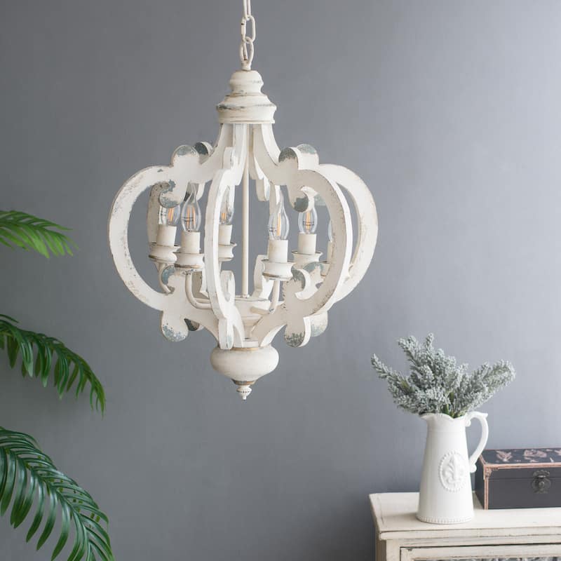 French Country Wood Chandelier, 6-Light Farmhouse Pendant Light Fixture with Adjustable Chain, Bulb Not Included