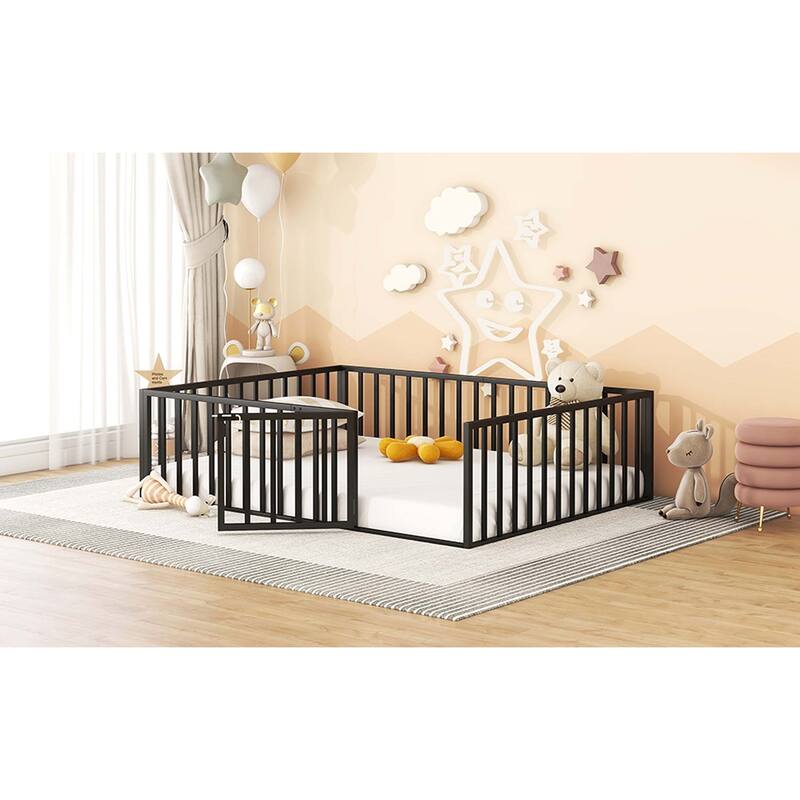Metal Floor Bed Frame with Fence & Door