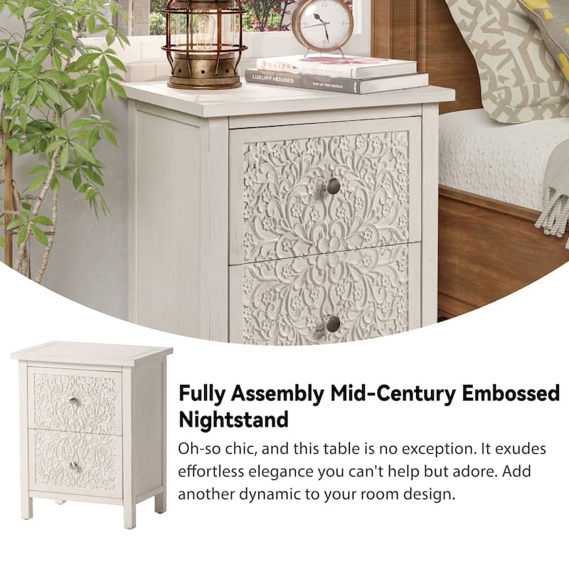 COZAYH Farmhouse Fully-Assembled Nightstand with 2-Drawer, Flower Motif End Table for Small Spaces, French Country