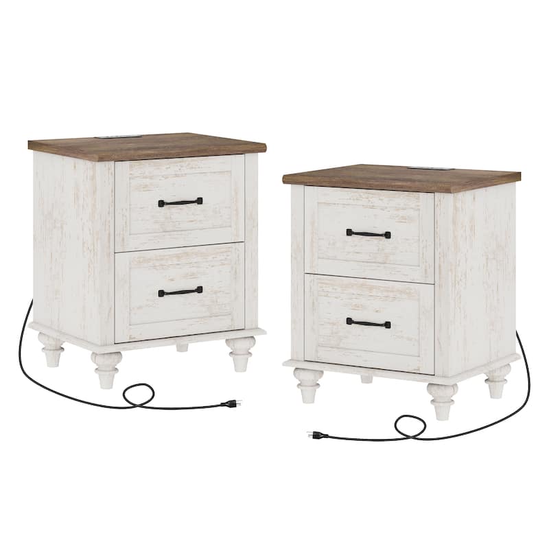 Farmhouse End Table Nightstands with Charging Station & Drawer - 2 Piece - with drawer - Antique White