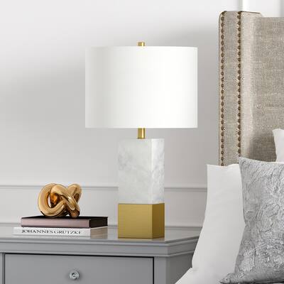 Lena Table Lamp in Carrara Style Marble and Brass with Linen Shade