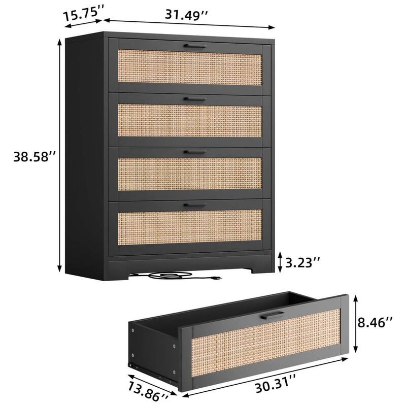 4 Drawers Rattan Dresser, Storage Chest of Drawer for Bedroom, Living Room, Entryway, Hallway