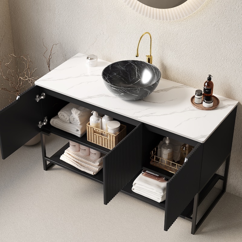 Freestanding Bathroom Vanity with Open Shelf, Black Stone Pattern Bowl Ceramic Basin and Carrara White Sintered Stone Countertop
