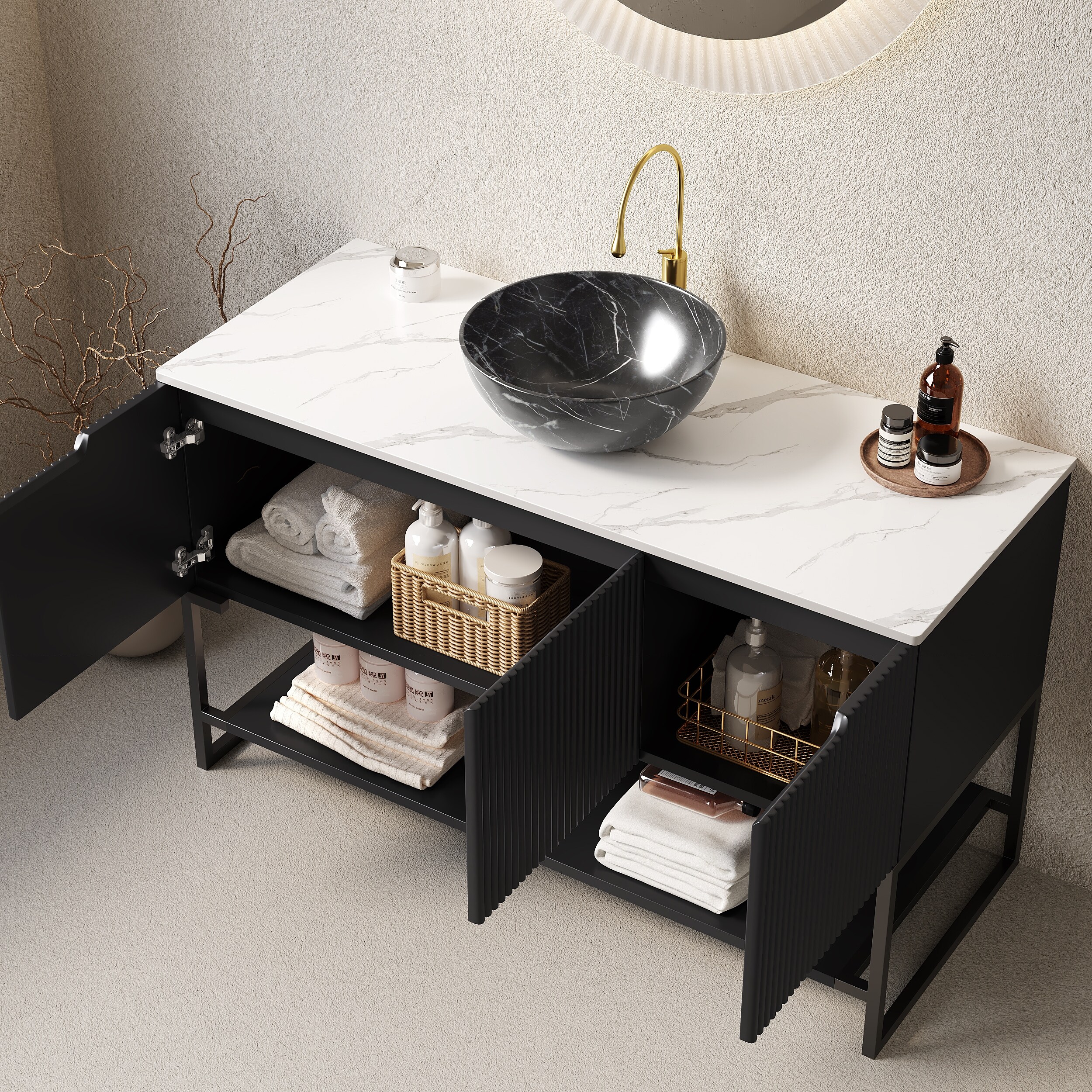 Striped Bathroom Vanity Cabinet with Ceramic Sink, Bathroom Storage Cabinet with Soft-Close Doors & Open Shelf