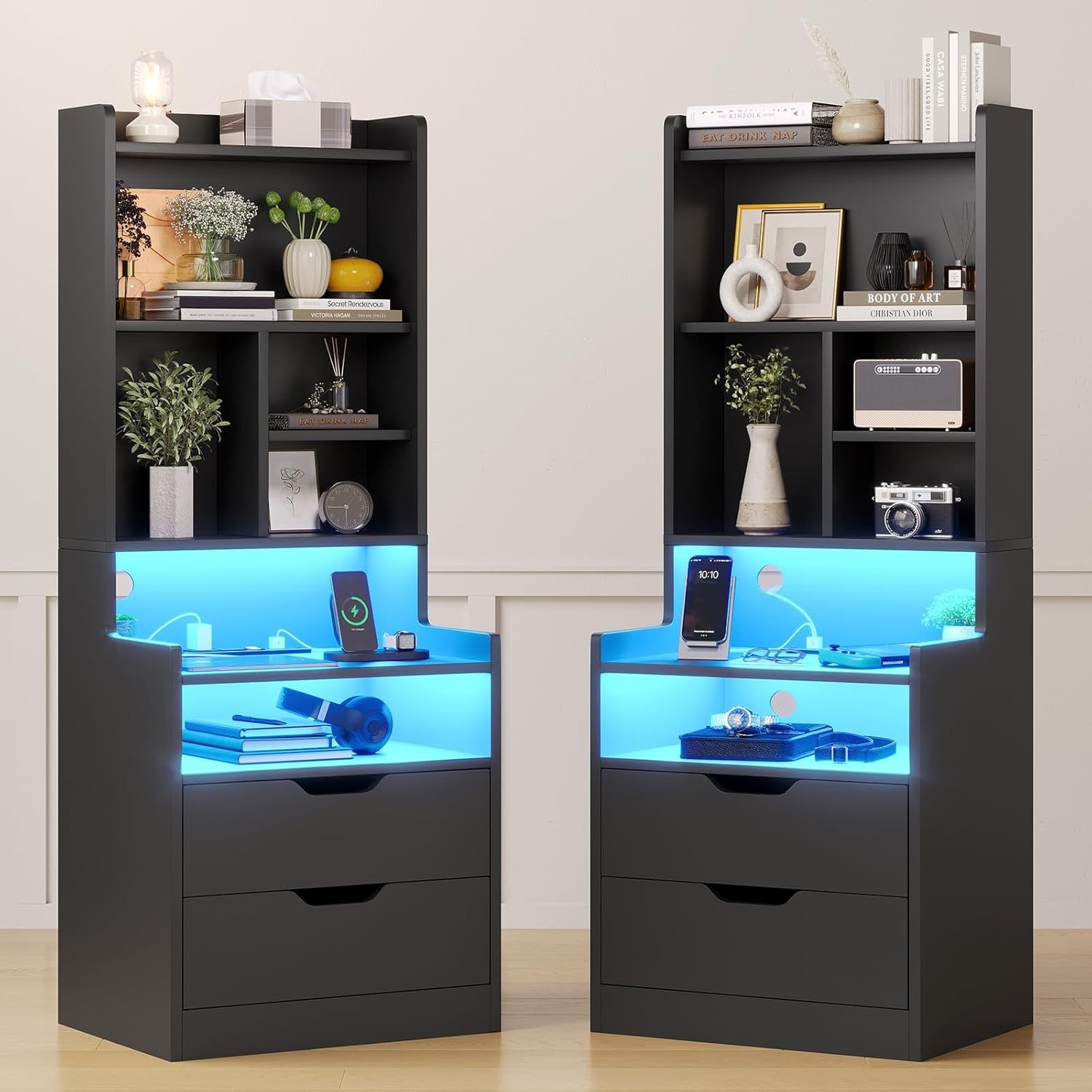 Modern LED Nightstand Set of 2 with Charging Station and Bookshelf, Black Bedside Table with Drawers
