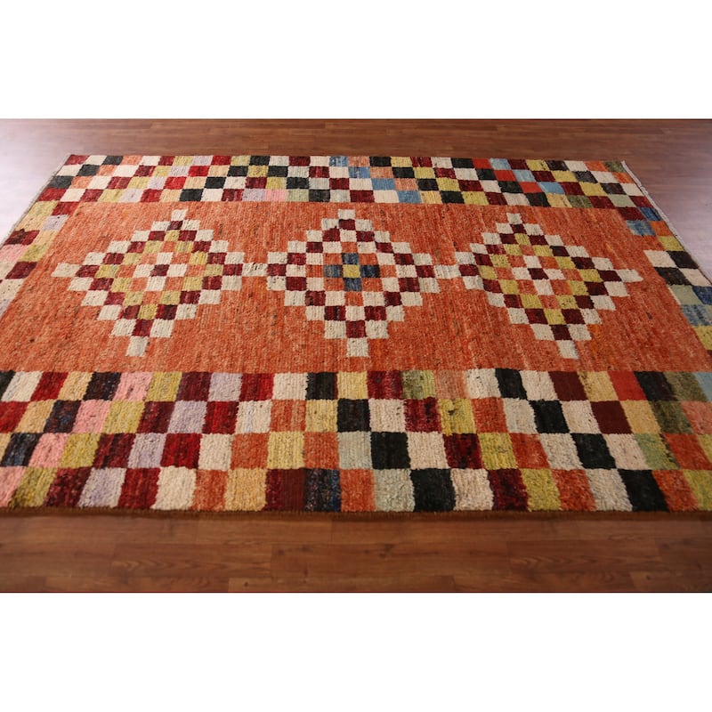 Checkered Orange Moroccan Oriental Rug Handmade Wool Carpet - 6'7" x 9'8"