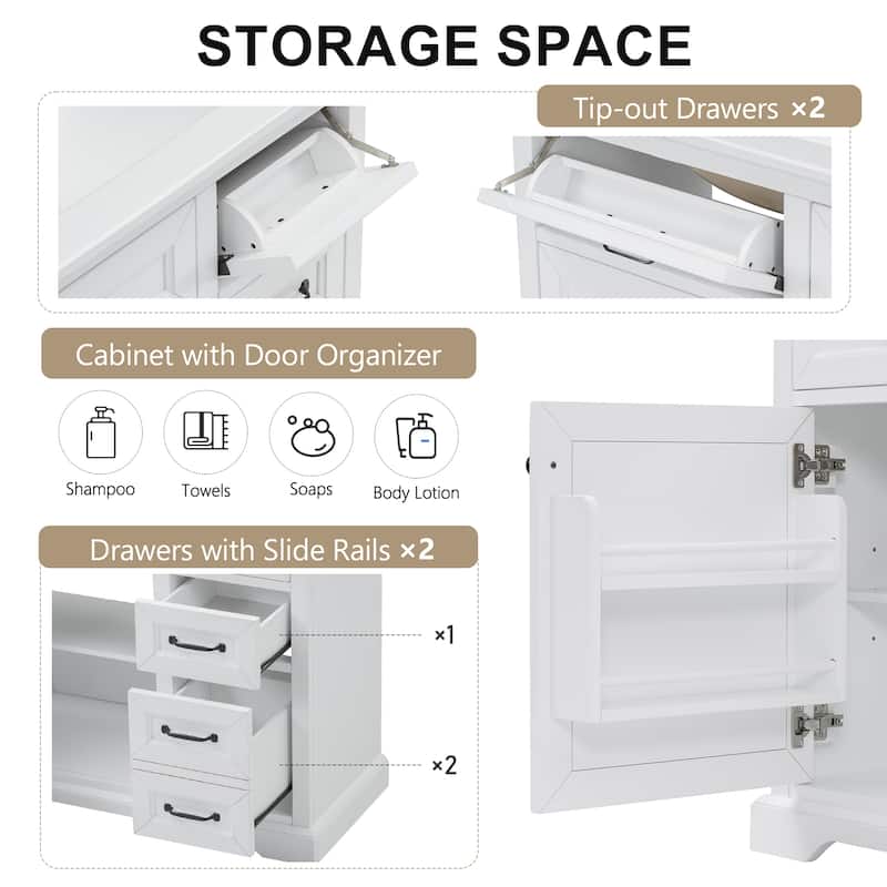 36 Inch Freestanding Bathroom Vanity with Ceramic Sink, Tip-Out & Storage Drawers, Soft Close Door Hinges
