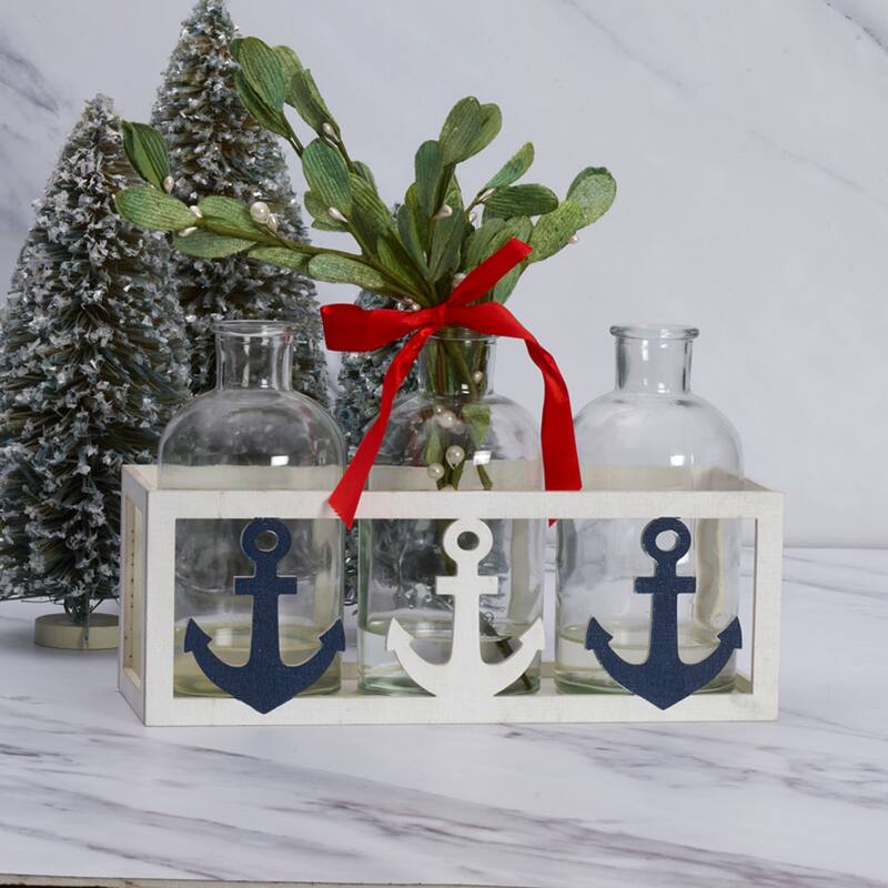 Elements Set of 3 Glass Vases with Nautical Caddy, 11X7 Inch