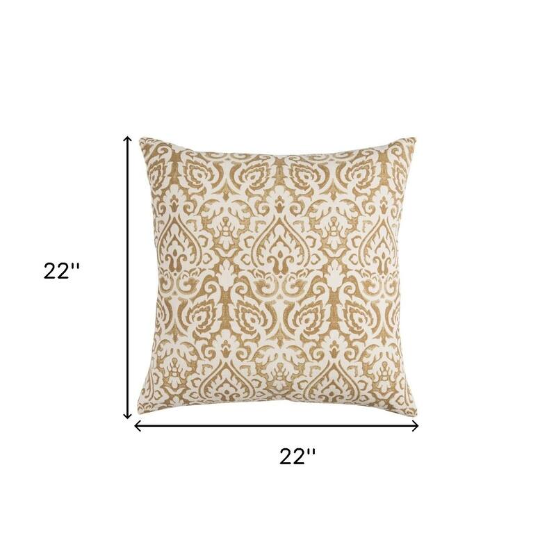 HomeRoots 22" Blue And Natural Damask Cotton Throw Pillow