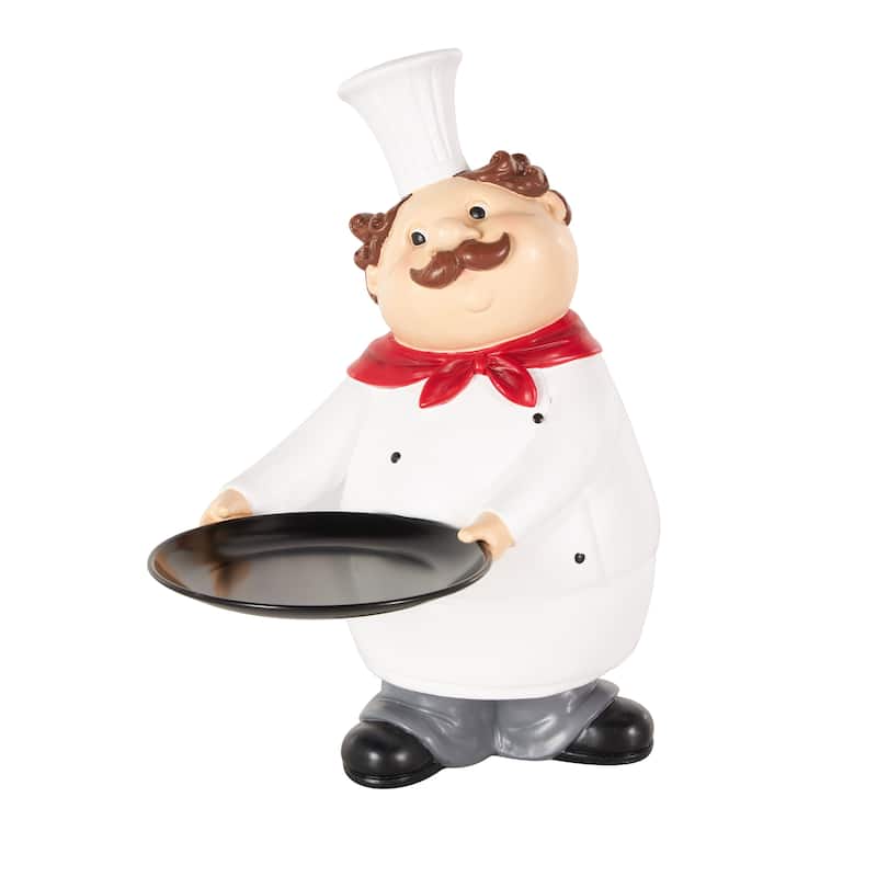 White Polystone Kitchen Decorative Figurine Chef Decorative Sculpture with Black Tray - White