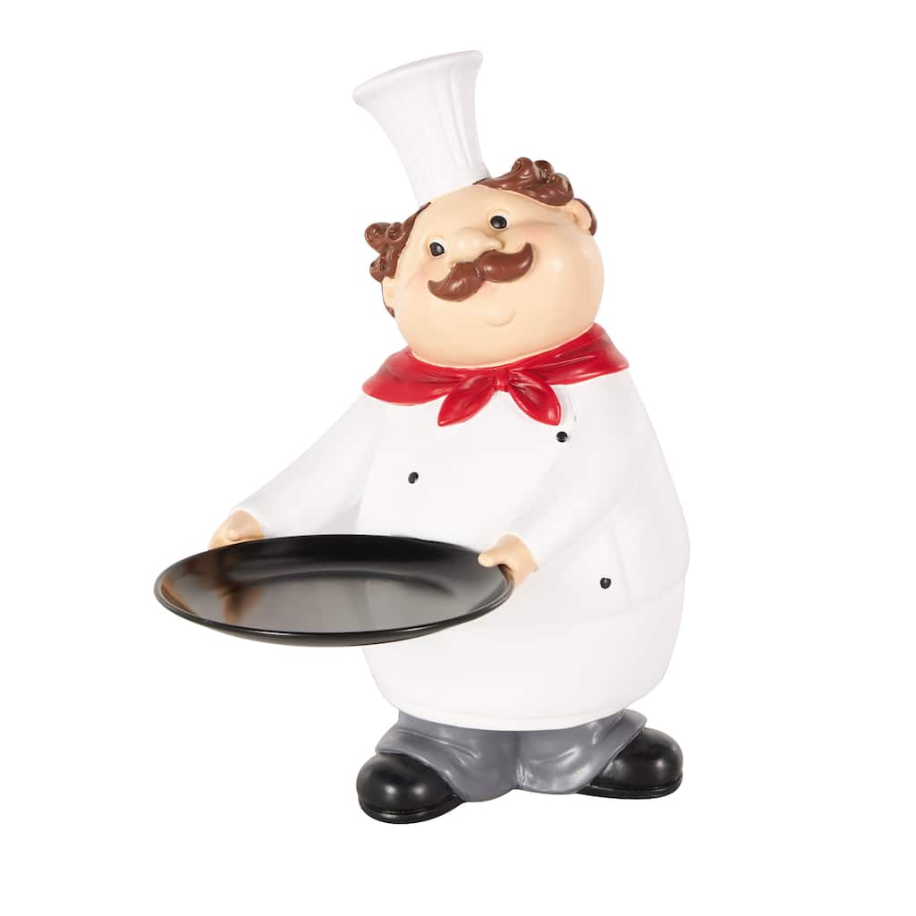 White Polystone Kitchen Decorative Figurine Chef Decorative Sculpture with Black Tray