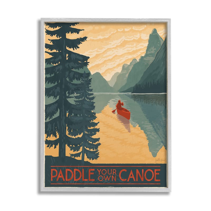 Stupell Paddle Your Own Canoe Phrase Mountain Lake Adventure Framed Wall Art - Green - 16 x 20 - Grey