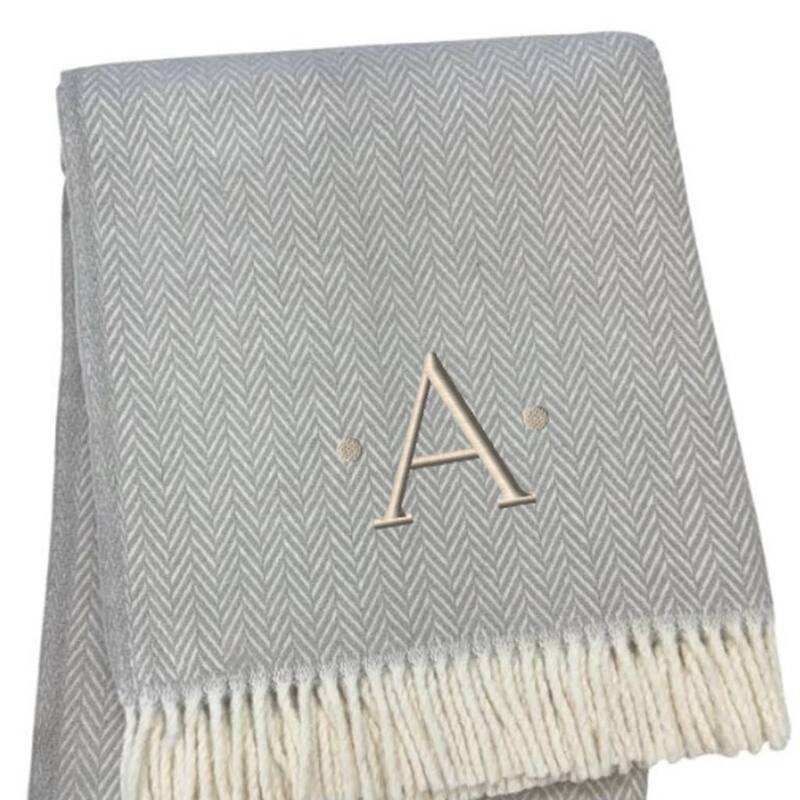 55" X 70" Gray And White Herringbone Cotton Blend A Initial Throw Blanket with Tassels And Embroidery
