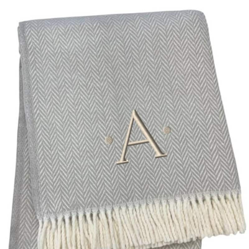 HomeRoots 55" X 70" Gray And White Herringbone Cotton Blend A Initial Throw Blanket with Tassels And Embroidery