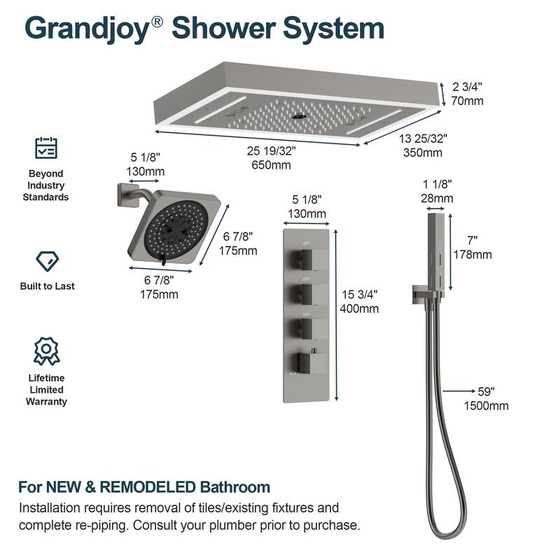 GRANDJOY Thermostatic LED Rain and Waterfall Shower System with Handheld, Ceiling-Mount Modern Design