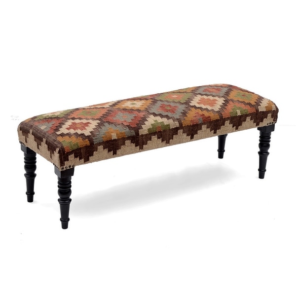 Handmade Kilim Upholstered Wooden Bench (India) - 47" W x 16" L x 18" H. Opens flyout.