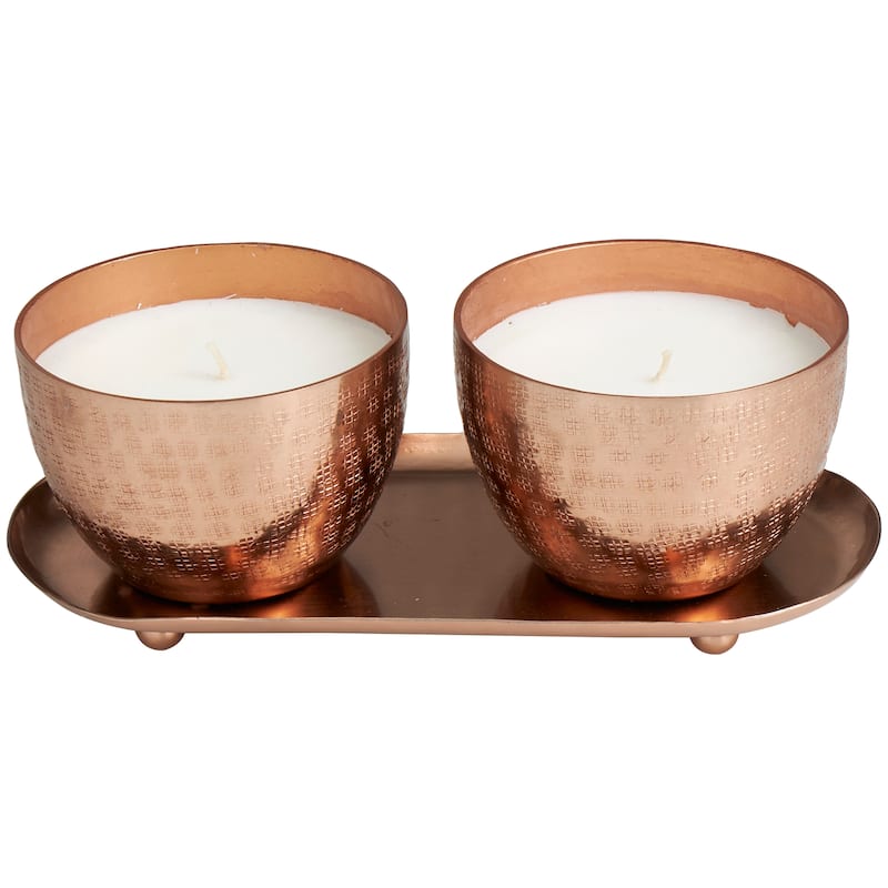 Silver or Gold or Copper Metal Scented Grid Patterned 10 oz 1 Wick Candle with White Wax (Set of 2)