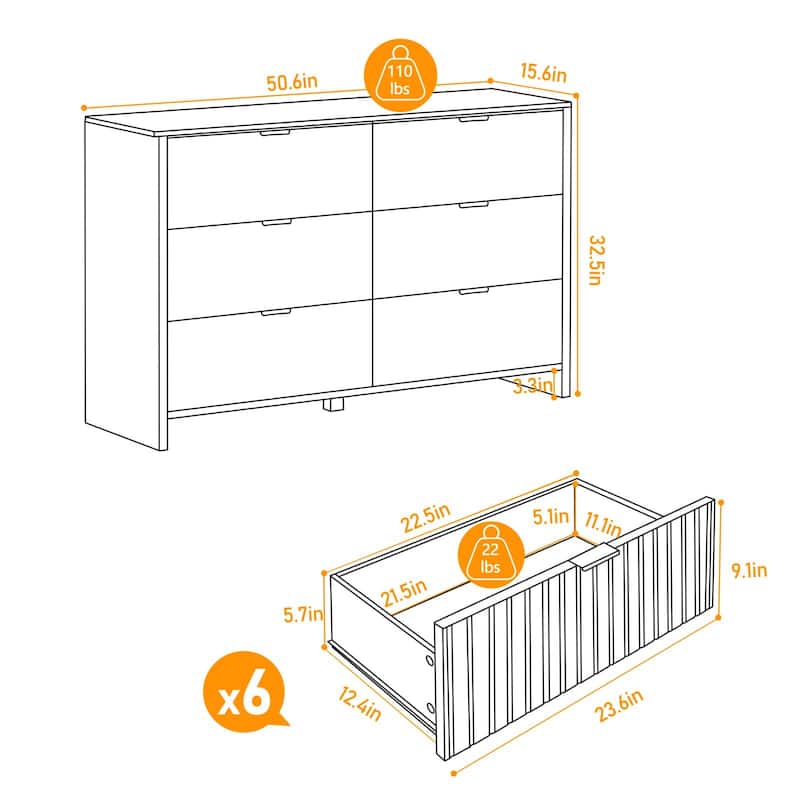 VEIKOUS 6-Drawer Dresser for Bedroom, Wooden Chest of Drawers with White Faux Marble Top