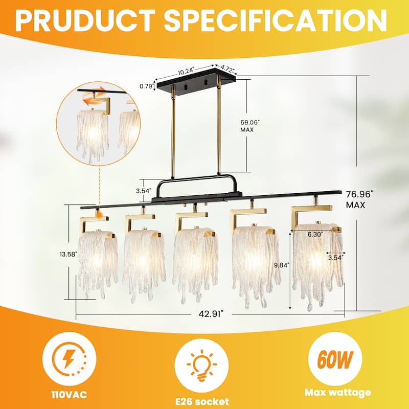 42.9" 5-Light Handcraft Glass Chandelier, Rotatable Metal Pendant Lighting Fixture for Dining Room - N/A