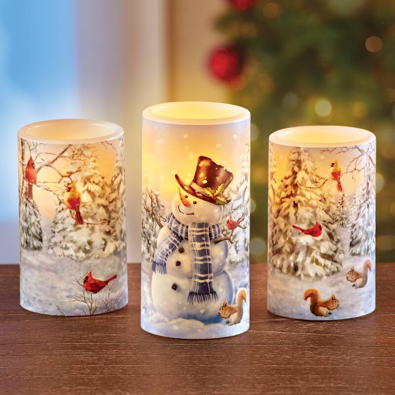 Smiling Snowman LED Lighted Flameless Candle - Set of 3 - 12.500 x 8.630 x 4.630 - White