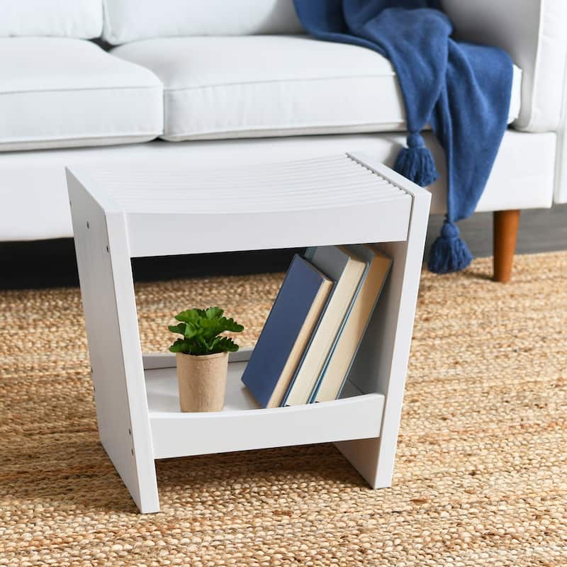 Slatted Solid Wood Stool With Storage Shelf