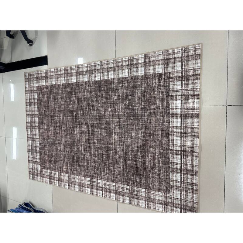 Area Rug Bordered Washable Rugs Modern Plaid Rugs Living Room Low Pile Non Slip Indoor Soft Carpet - 10'x13' - Brown - 10'x13'