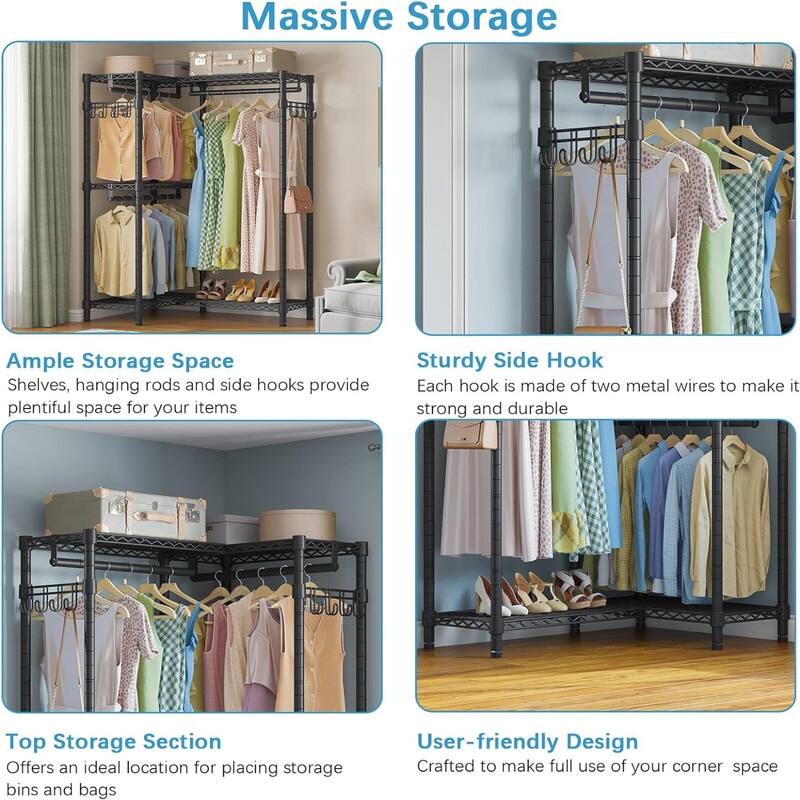 L4 Garment Rack L Shaped Clothes Rack for Corner - 29.1"D x 43.3"W x 76.4"H