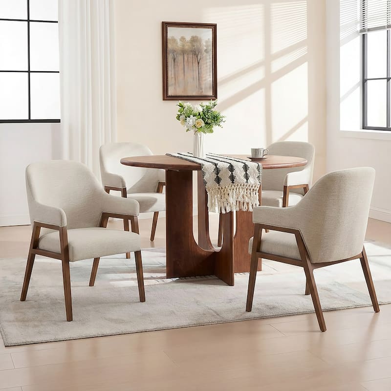 Christopher Knight Home - Modern Upholstered Dining Chair with Armrests and Walnut-Tone Wood - Set of 4 - Beige,Walnut