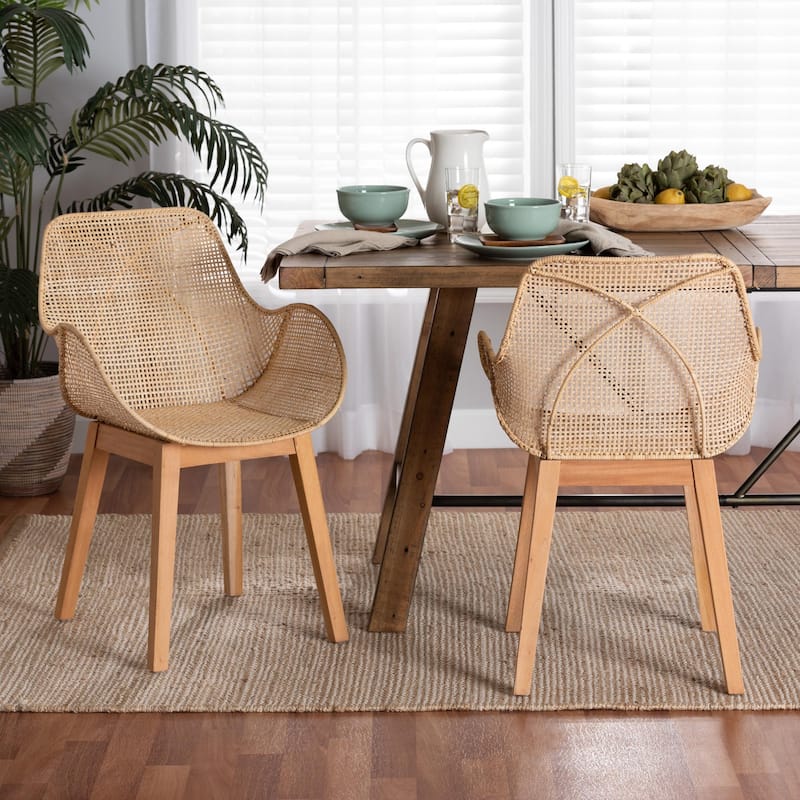 Ballerina Japandi Natural Brown Finished Mahogany Wood and Rattan 2-Piece Dining Chair Set