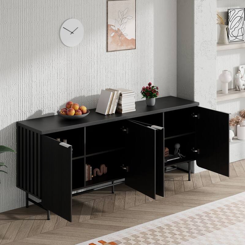 68" Mid-century TV Stand Entertainment Center with Adjustable Shelves 4 Doors & LED Light