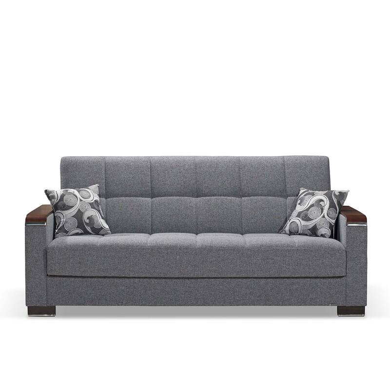 HomeRoots 87" Gray Chenille Convertible Futon Sleeper Sofa And Toss Pillows With Storage