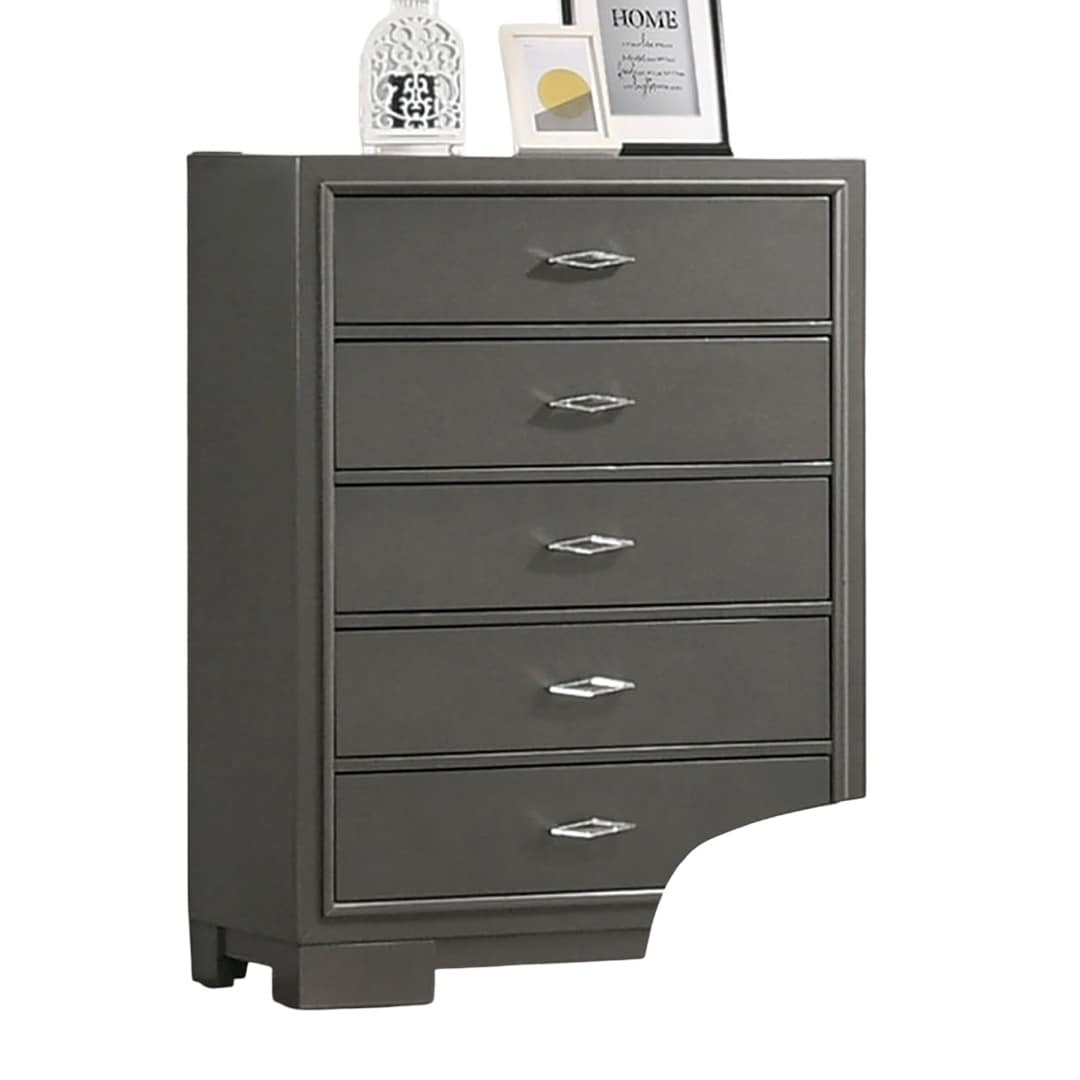 Contemporary 5-Drawer Chest with Acrylic Handles & Bracket Feet, Metallic Grey