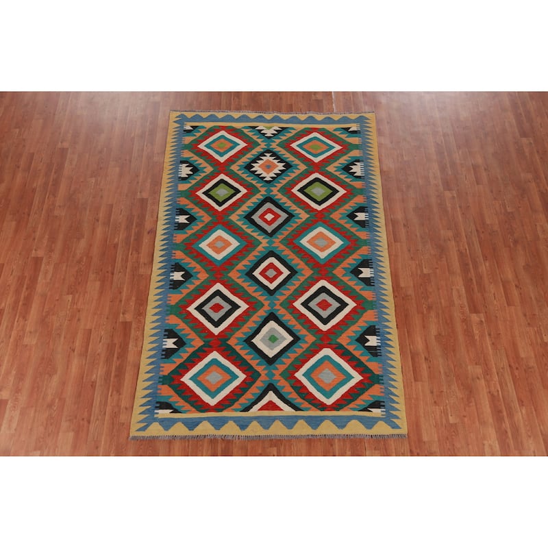Hand Woven Oriental 100% Wool Carpet Southwestern Geometric Multi-Colored Kilim Area Rug - 8' 5'' X 5' 3''