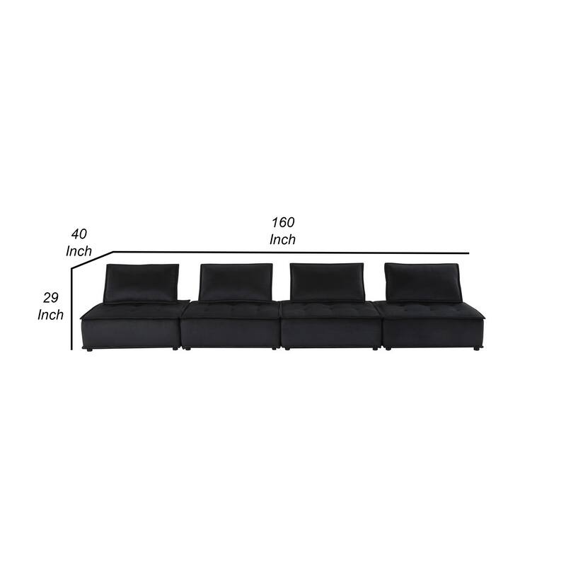 Alaya 160 Inch 4 Piece Modular Sofa, Tufted Soft Black Velvet