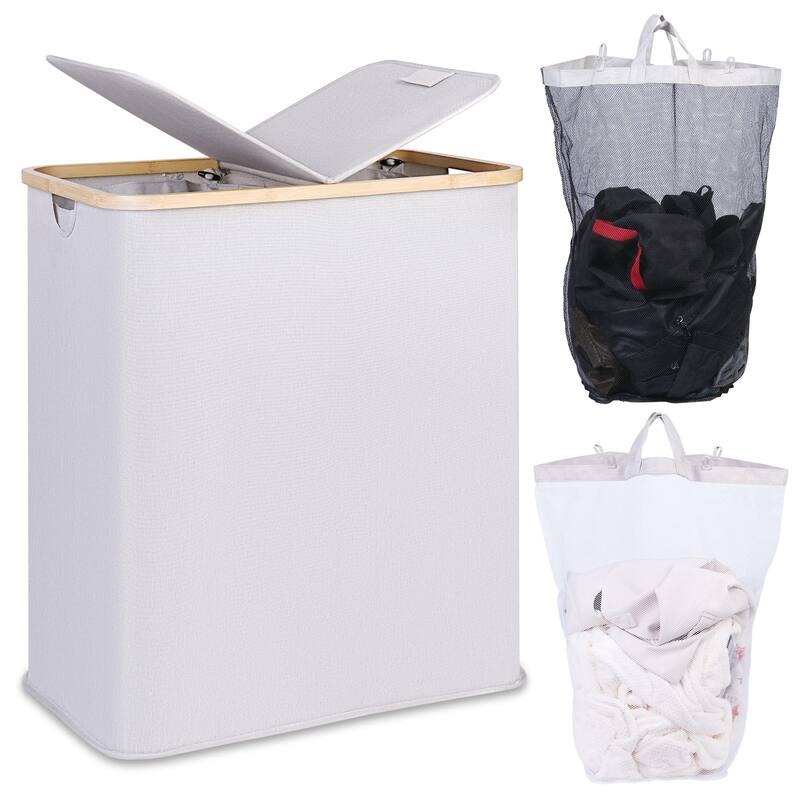 Double Laundry Hamper with Lid, Divided Laundry Hamper with Removable Bags, 2 Section Dirty Clothes Basket with Handles - Grey
