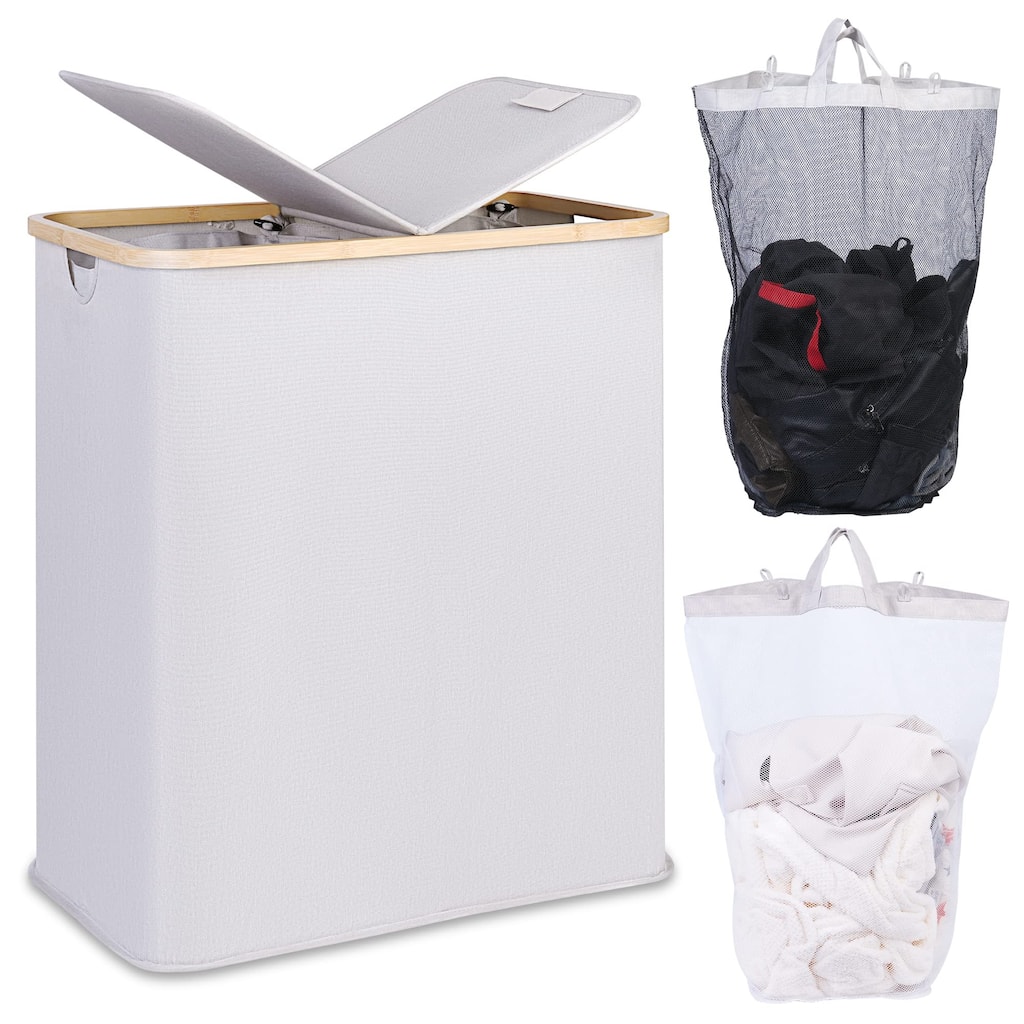 Double Laundry Hamper with Lid, Divided Laundry Hamper with Removable Bags, 2 Section Dirty Clothes Basket with Handles