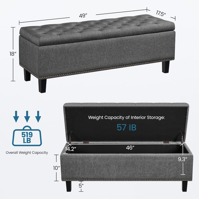 Yaheetech Ottoman with Storage 50-inch Entryway Bench, Dark Gray - 49"x17.3"x17.7"