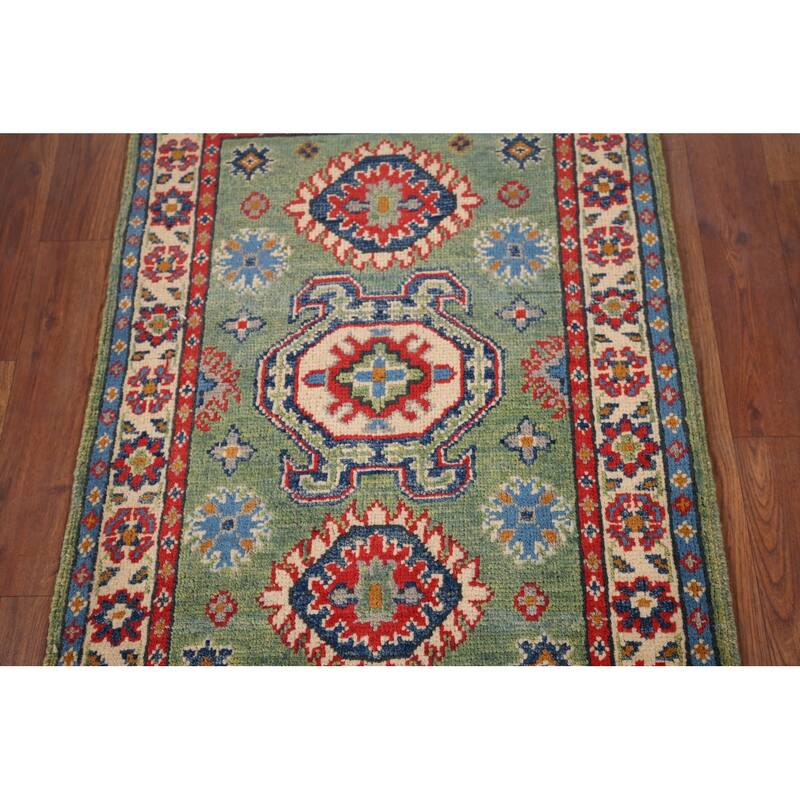 Green Geometric Kazak Oriental Foyer Rug Handmade Wool Carpet - 2'1" x 2'11"