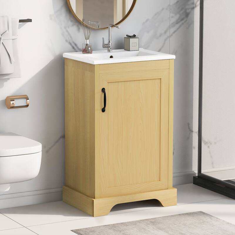 20" Bathroom Vanity with Sink, Bathroom Cabinet with Soft Closing Door, Storage Rack and Adjustable Shelve, Natural Wood