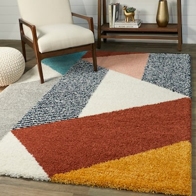Merril Mid-century Modern Color Block Shag Area Rug